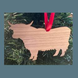 tWood Highland Cow Christmas ornament with your choice of wood type, size and personalized text. Cow Ornament