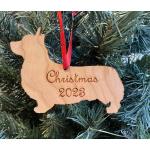 Wood laser cut Pembroke Corgi  ornament with personalized engraved text. Corgi Ornament