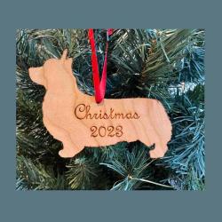 Wood laser cut Pembroke Corgi  ornament with personalized engraved text. Corgi Ornament