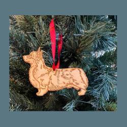 Engraved cutout Pembroke Corgi wood ornament with custom engraved text. Corgi Ornament