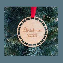 Round wood dog bone Christmas ornament with your choice of wood type, size and personalized text. Dog Bone Ornament