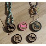 Engraved wood Welsh Corgi design circle charm.
