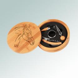 Custom bamboo horse silhouette wine tools gift set with an engraved horse silhouette and text of your choice. 85+ horse silhouettes to choose from.