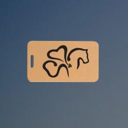 Solid brushed brass horse breed luggage tag with engraved text and horse breed logo design of your choice. 25+ horse breed logos to choose from.