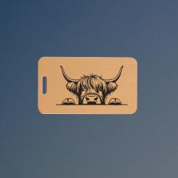 Solid brushed brass farm animal luggage tag with engraved text and farm animal design of your choice. 100+ farm animal designs to choose from.