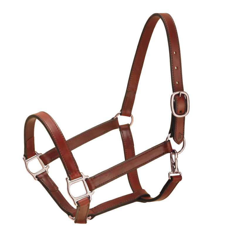 1” wide latigo stable halter with one buckle crown, fixed chin, throat snap and nickel silver hardware.