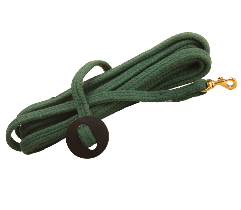 Flat braided cotton horse lunge line with a brass bolt snap or brass chain. Tory Leather