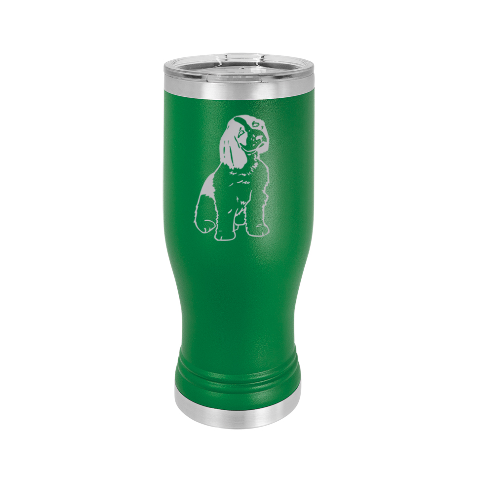 Custom engraved beer pilsner with engraved sporting dog design and personalized and text.