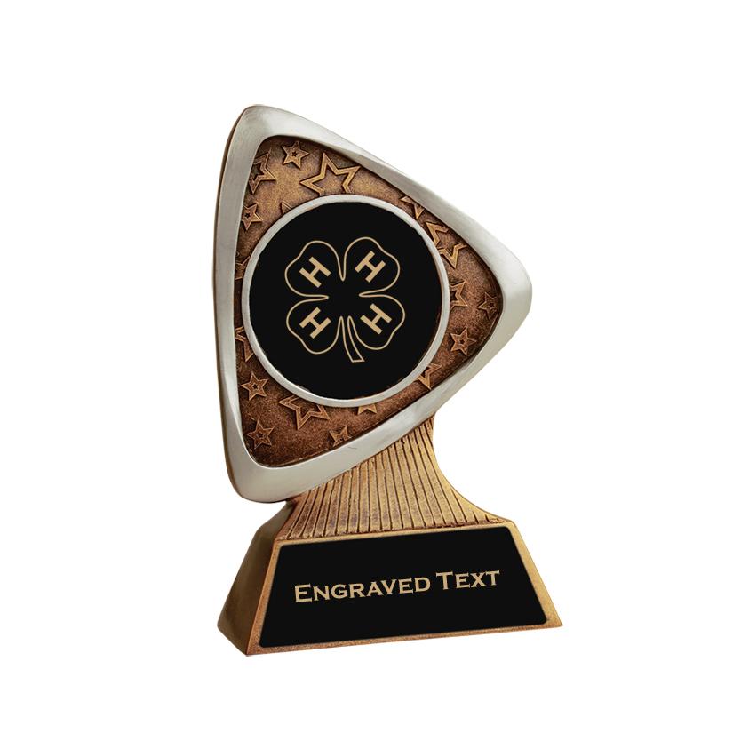 Custom engraved triad resin trophy with your choice of personalized text and 4-H logo. 4-H Trophy