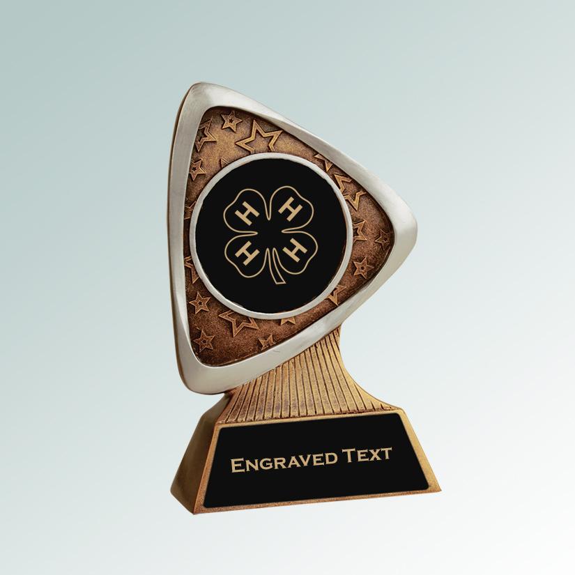 Custom engraved triad resin 4-H trophy with your choice of personalized text and 4-H logo. 6+ 4-H logos to choose from.