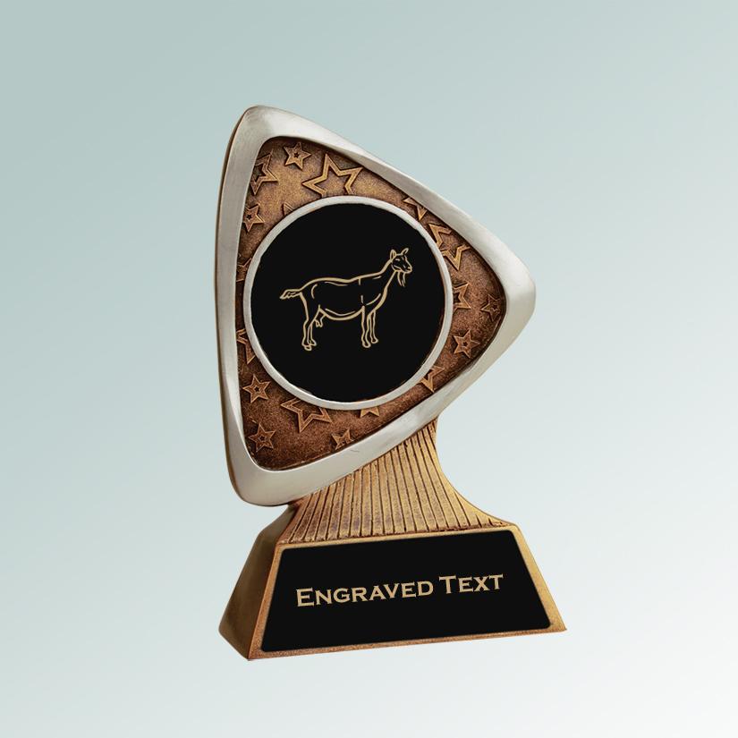 Custom engraved triad resin farm animal trophy with your choice of personalized text and farm animal design. 100+ farm animal designs to choose from.
