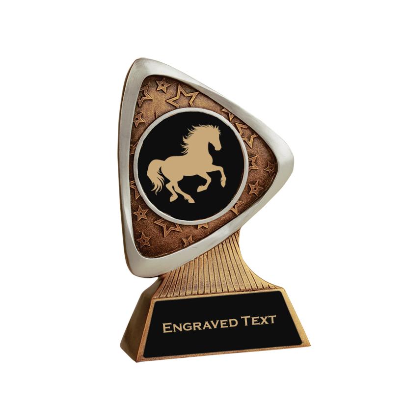 Custom engraved triad resin trophy with your choice of personalized text and horse silhouette. Equestrian Trophy