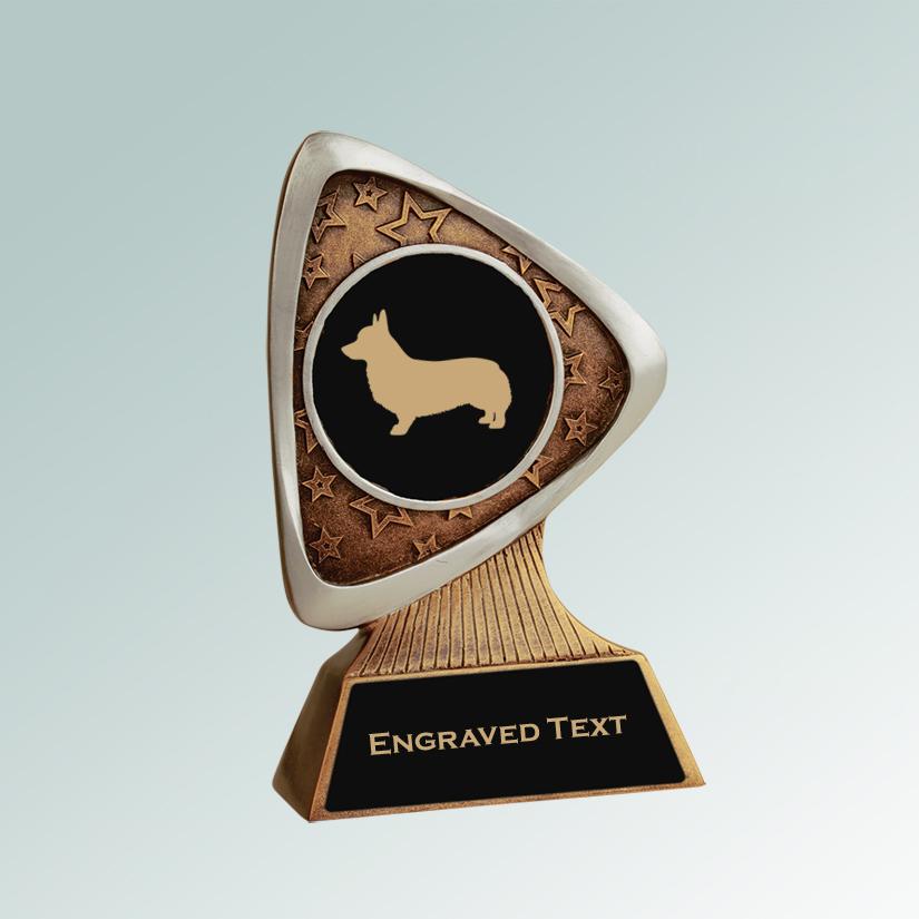 Personalized triad corgi trophy with your choice of corgi design and custom engraved text. 100+ corgi designs to choose from.