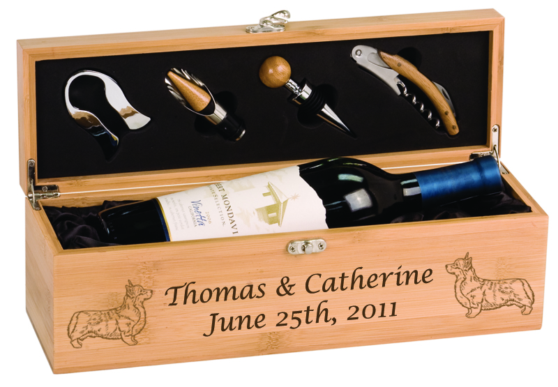 Wine bottle presentation / gift box with engraved corgi design and text. Corgi Wine Gift Set