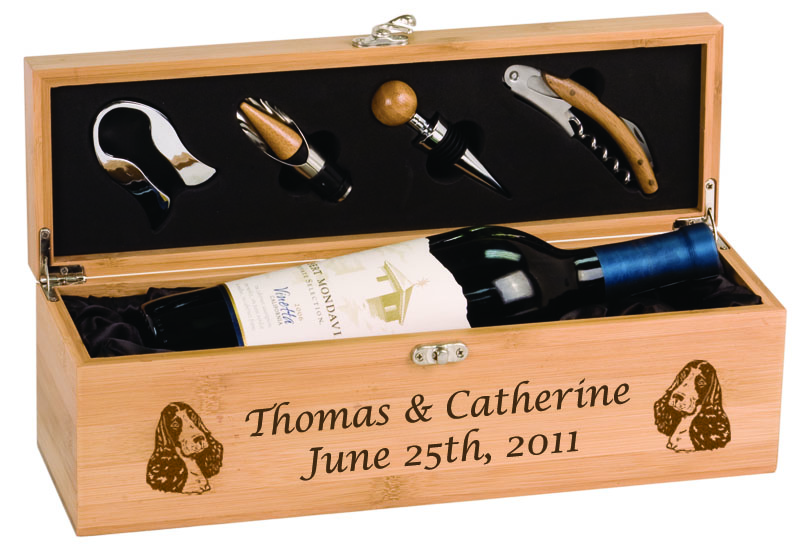 Personalized wine bottle gift box with your choice of dog design 1 and custom engraved text. Dog Wine Gift Set