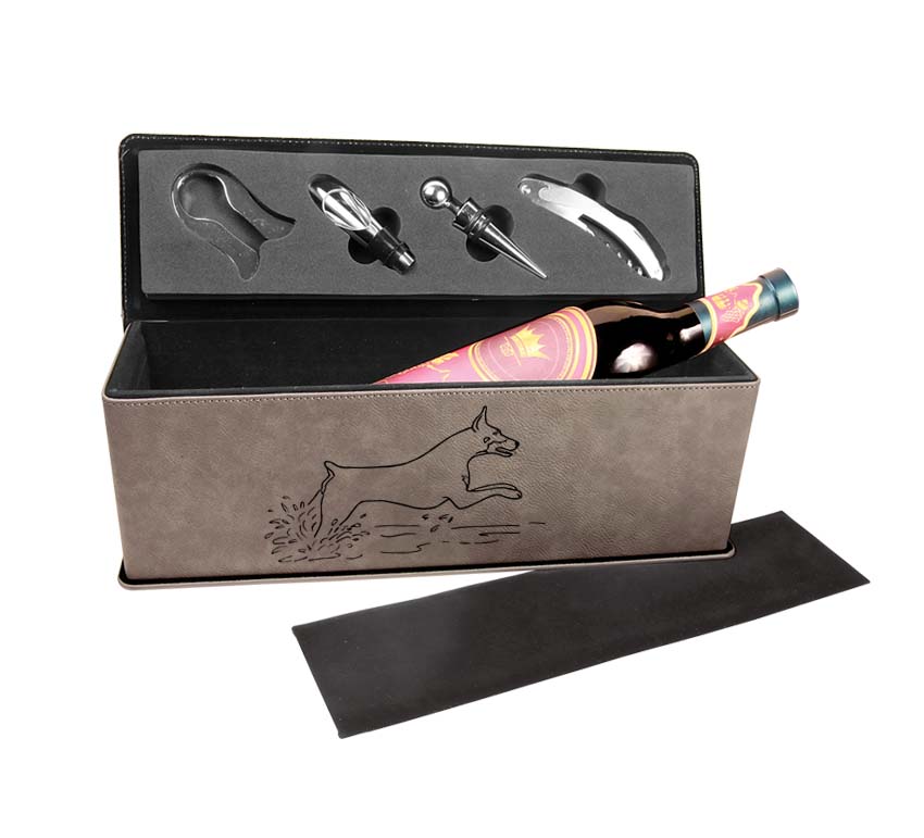 Leatherette wine bottle presentation gift box with custom engraved Doberman design and personalized text. Doberman Wine Bottle Box
