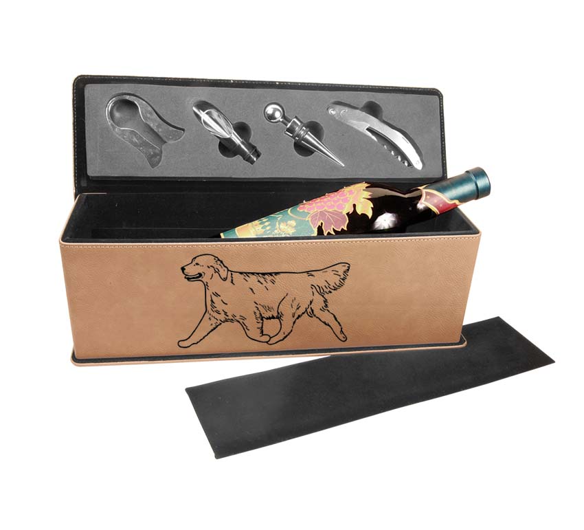 Leatherette wine bottle presentation gift box with custom engraved Golden Retriever design and personalized text.