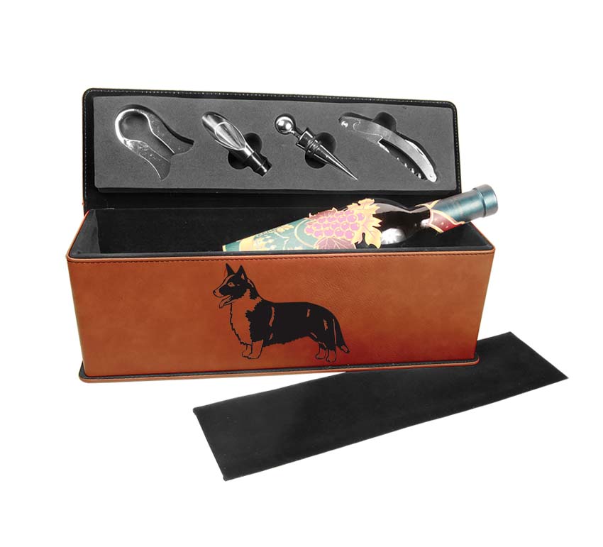 Leatherette wine bottle presentation gift box with custom engraved Corgi design and personalized text. Corgi Wine Bottle Box
