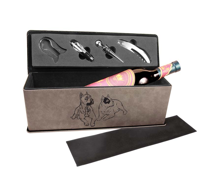 Leatherette wine bottle presentation gift box with custom engraved dog design 3 and personalized text. Dog Wine Bottle Box
