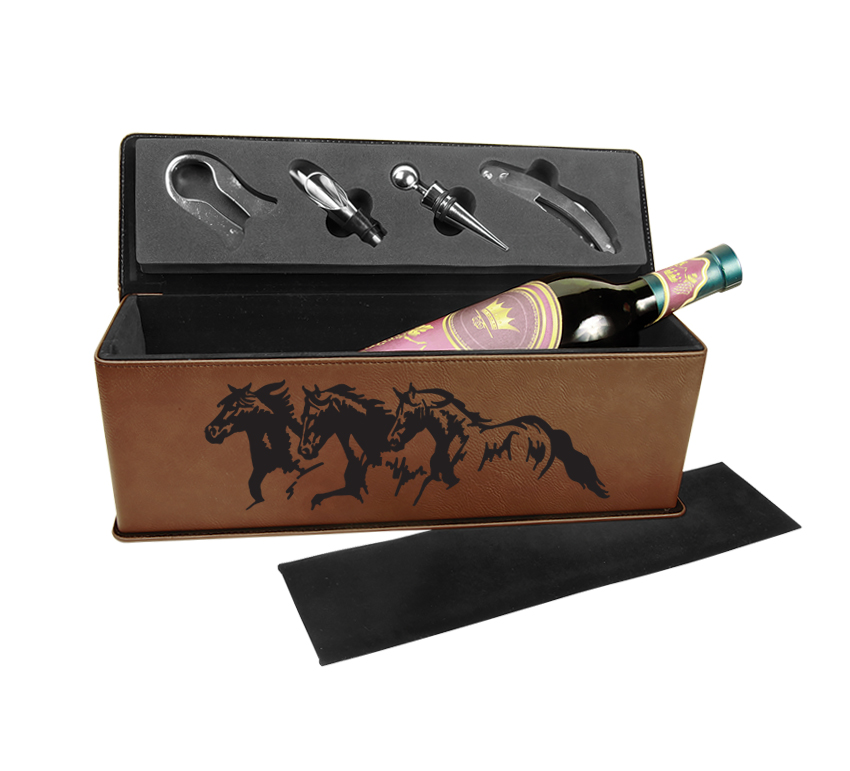 Leatherette wine bottle presentation gift box with custom engraved horse design 2 and personalized text. Equestrian Wine Bottle Box