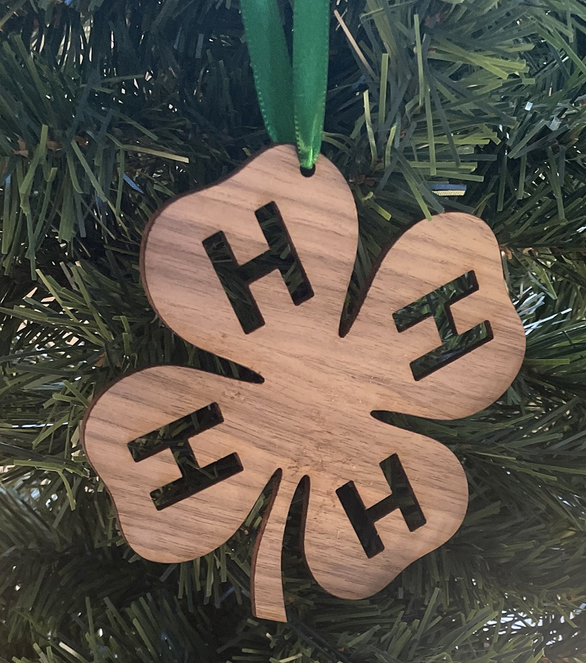 Laser cut 4-H logo wood Christmas ornament comes in 3 sizes and a variety of wood types. 4-H Logo Ornament