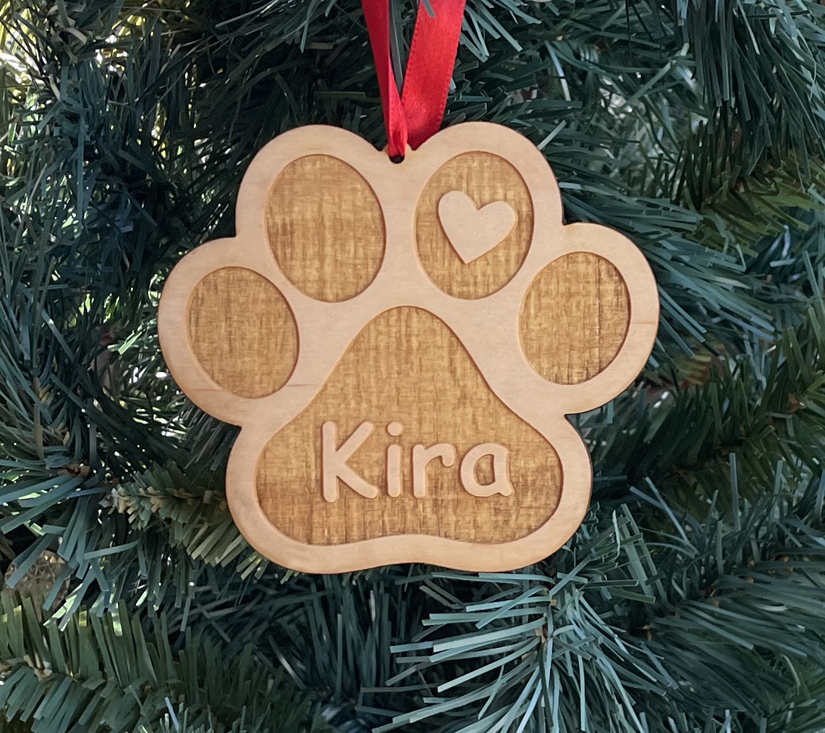 Laser cut dog paw & heart wood Christmas ornament comes in 3 sizes and a variety of wood types. Dog Paw Ornament