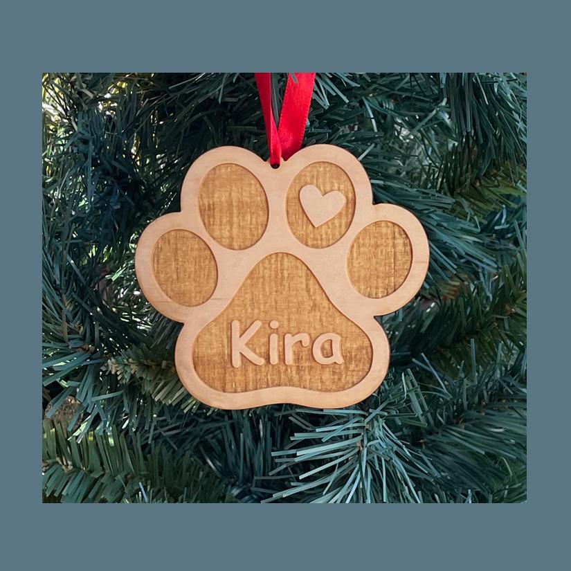 Laser cut dog paw & heart wood Christmas ornament comes in 3 sizes and a variety of wood types. Dog Paw Ornament