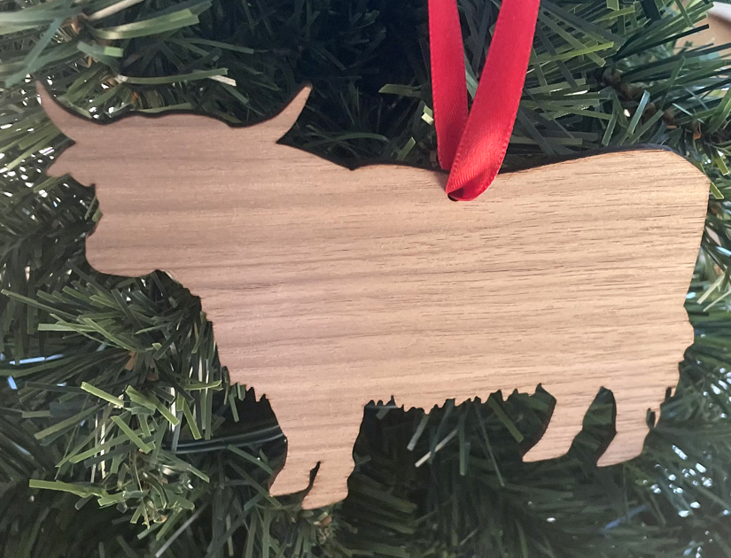 Wood Highland Cow Christmas ornament with your choice of wood type, size and personalized text. Cow Ornament
