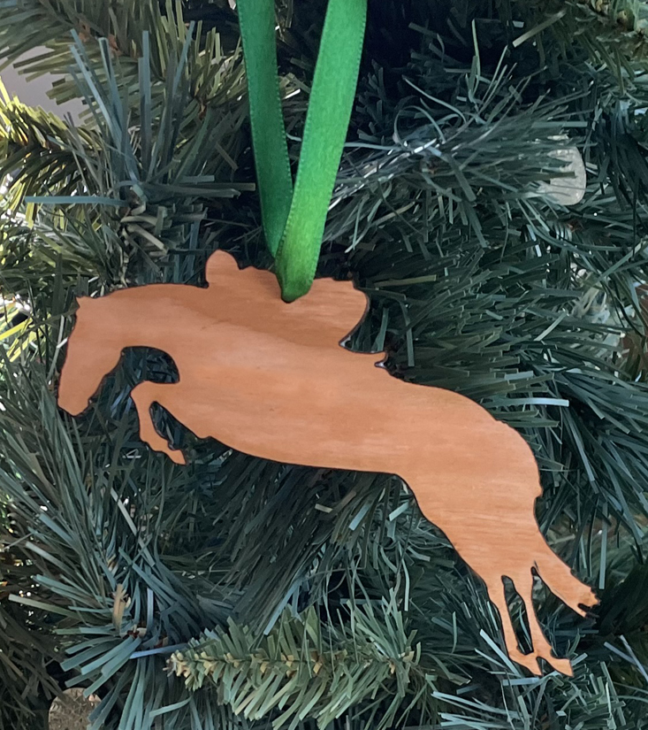 Laser cut jumping horse wood Christmas ornament comes in 3 sizes and a variety of wood types. Horse Ornament