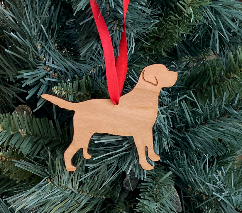 Wood Labrador Retriever Christmas ornament with your choice of wood type, size and personalized text. Lab Ornament
