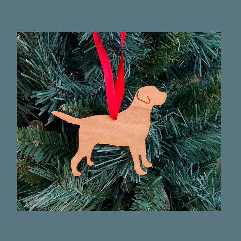 Wood Labrador Retriever Christmas ornament with your choice of wood type, size and personalized text. Lab Ornament