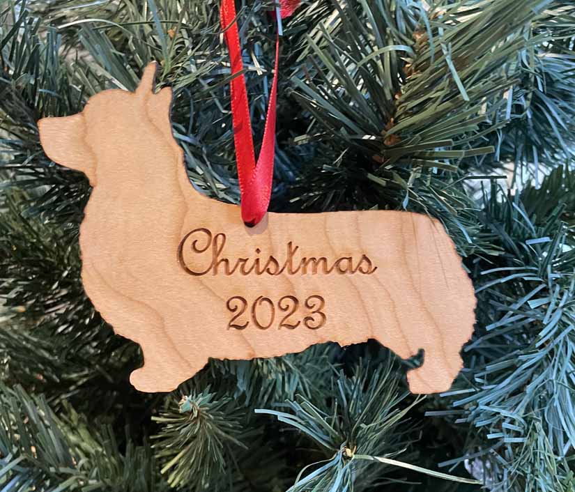 Wood laser cut Pembroke Corgi  ornament with personalized engraved text. Corgi Ornament