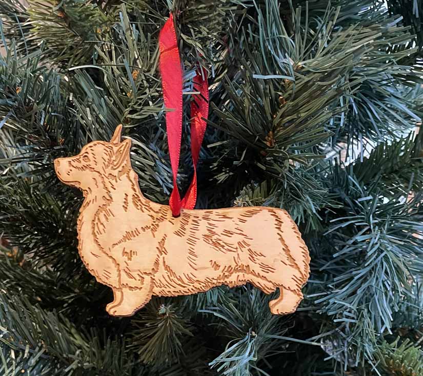 Engraved cutout Pembroke Corgi wood ornament with custom engraved text. Corgi Ornament