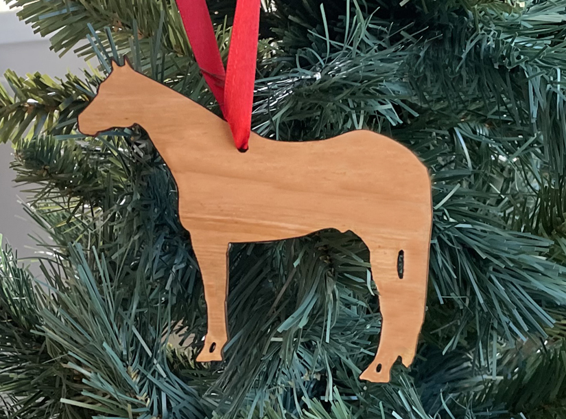 Wood quarter horse Christmas ornament with your choice of wood type, size and personalized text. Horse Ornament
