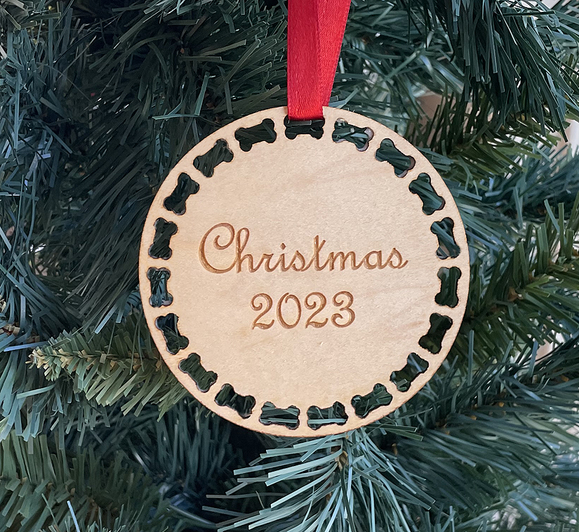 Round wood dog bone Christmas ornament with your choice of wood type, size and personalized text. Dog Bone Ornament