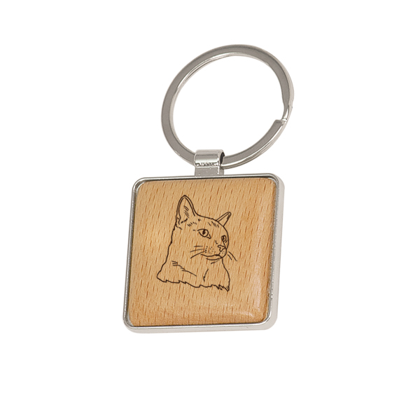 Custom engraved wood key chain with your choice of cat design and personalized text. Cat Key Chain