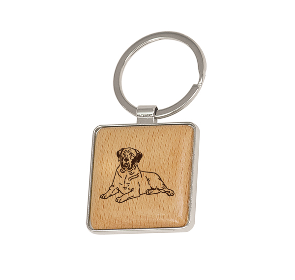 Personalized wood key chain with your choice of engraved dog design 4 and text. Wood Dog Key Chain