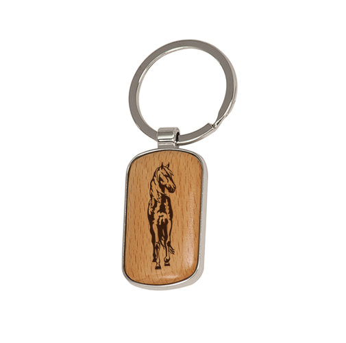 Custom engraved wood equestrian key chain with your choice of horse design 2 and personalized text. Horse Key Chain