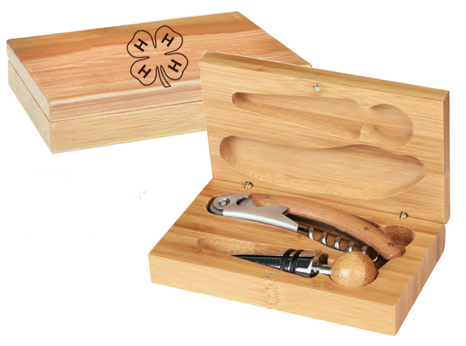 Personalized bamboo wine tools gift set with your choice of 4-H logo and customer engraved text. 4-H Wine Tools