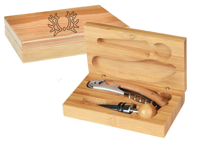 Personalized bamboo wine tools gift set with horse breed logo and custom engraved text.