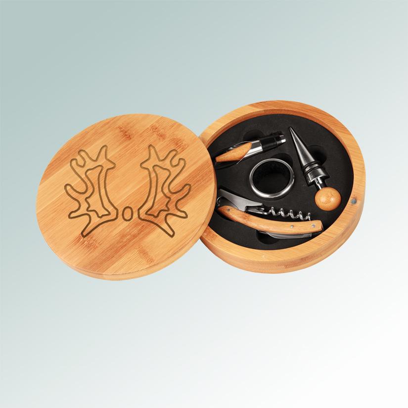 Custom engraved bamboo horse breed wine tools gift set with an engraved horse breed logo and text of your choice. 25+ horse breed logos to choose from.