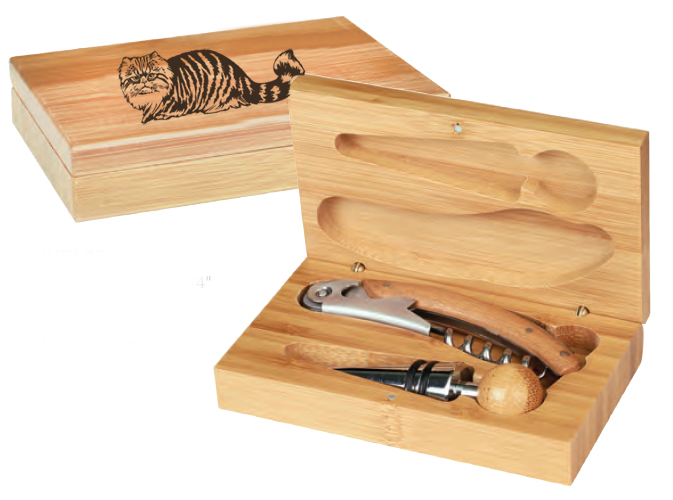 Personalized bamboo wine tools gift set with cat design and custom engraved text.