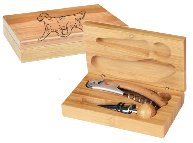 Personalized bamboo wine tools gift set with Golden Retriever dog design and custom engraved text.