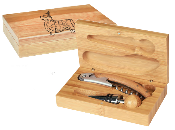 Personalized bamboo wine tools gift set with Welsh Corgi dog design and custom engraved text.