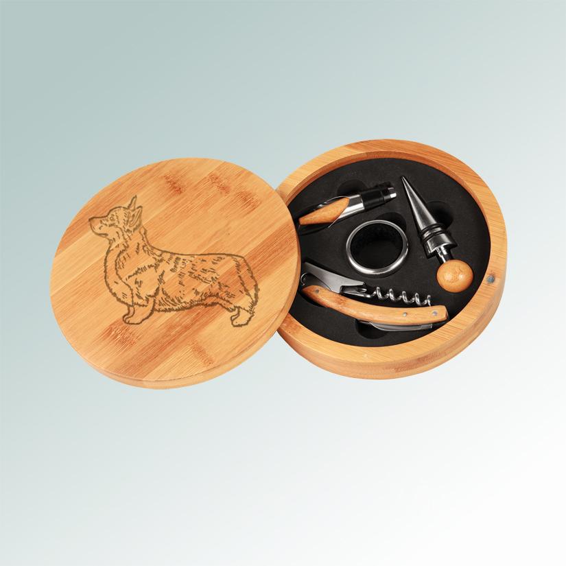 Custom engraved bamboo corgi wine tools gift set with an engraved corgi design and text of your choice. 100+ corgi designs to choose from.