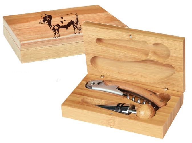 Custom engraved bamboo wine tools gift set with laser engraved farm animal design and text of your choice. Farm Animal Wine Tools