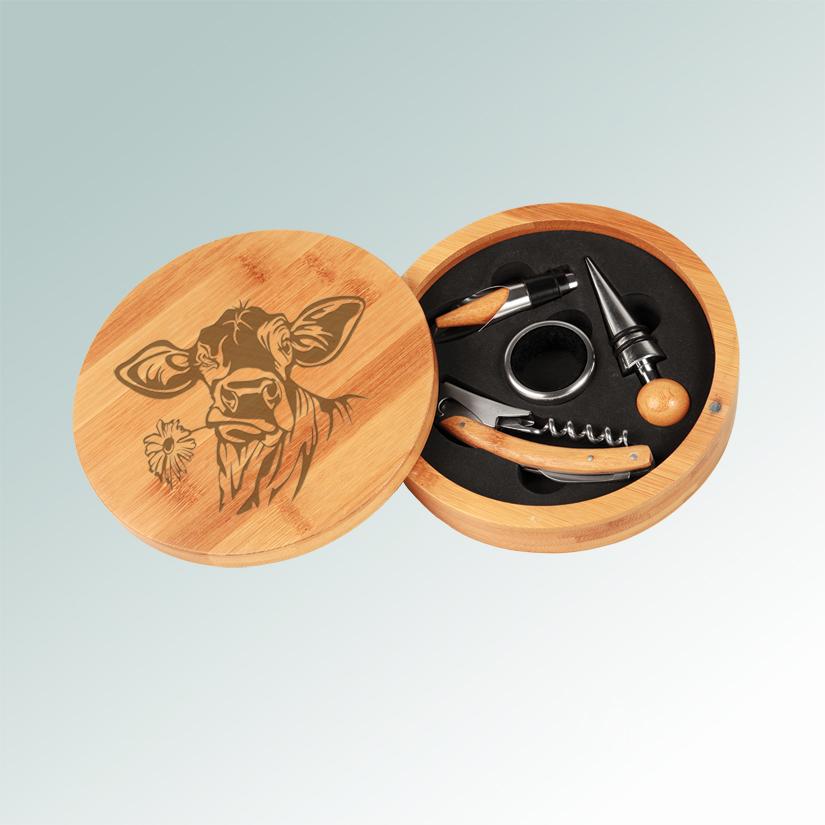 Custom engraved bamboo farm animal wine tools gift set with an engraved farm animal design and text of your choice. 100+ farm animal designs to choose from.