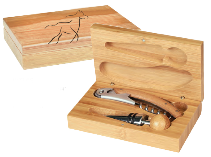 Personalized bamboo wine tools gift set with horse horse design and custom engraved text.