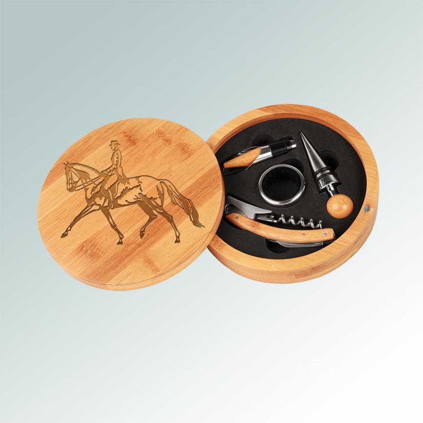 Custom bamboo horse wine tools gift set with laser engraved horse design and text of your choice. 145+ horse designs to choose from.