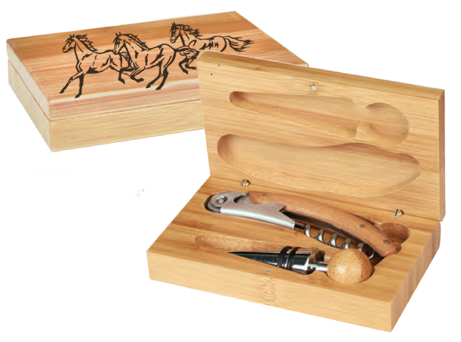 Custom engraved bamboo wine tools gift set with laser engraved horse design 2 and text of your choice. Equestrian Wine Tools